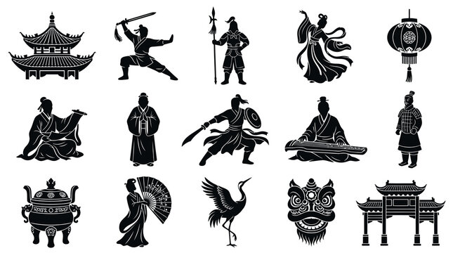 Chinese Culture Silhouettes: Warriors, Dancers, Buildings, Animals, Lantern