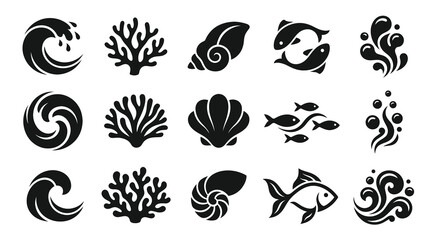 Obraz premium Marine Life and Ocean Elements Glyph Icons Set - Waves, Coral, Fish, Shells Bubbles Vector