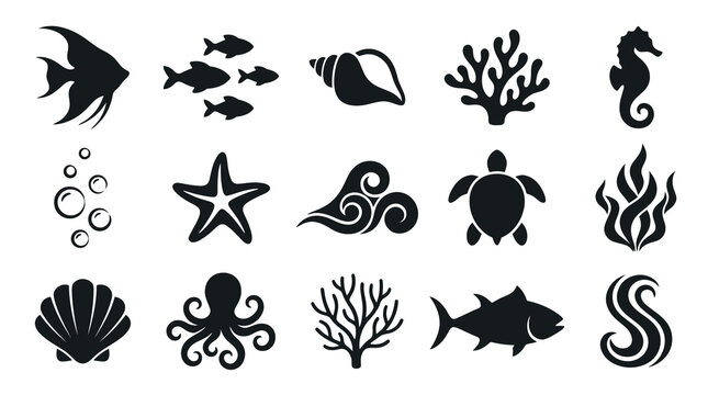 Black  White Ocean Life Marine Animals and Sea Elements Glyph Icons Vector Set