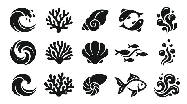 Marine Life and Ocean Elements Glyph Icons Set - Waves, Coral, Fish, Shells  Bubbles Vector