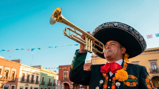 Traditional Mexican Mariachi Musician Playing Trumpet in Colorful City Square