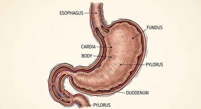 Human stomach anatomy with labeled parts.