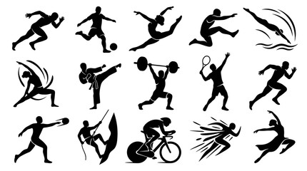 Fototapeta premium Sports Athletes Glyphs Icons Set - Black and White Silhouettes Collection