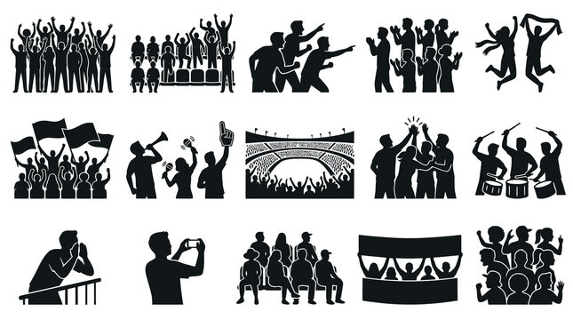 Black  White Sports Fans and Cheering Crowd Silhouettes - Event Audience Glyph Icons