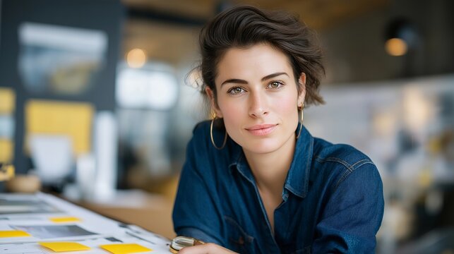 Female founder analyzing competitor products lined up on coffee table with notes attached, reverse engineering features in afternoon light, perfect for market research and contemporary analysis