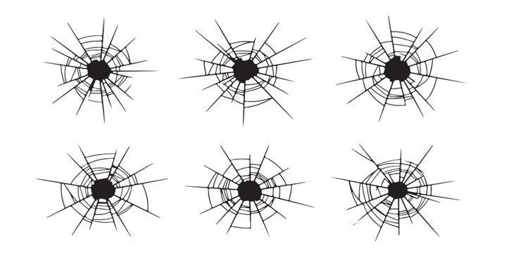 Set of six black shattered glass cracks and bullet hole designs on a flat surface