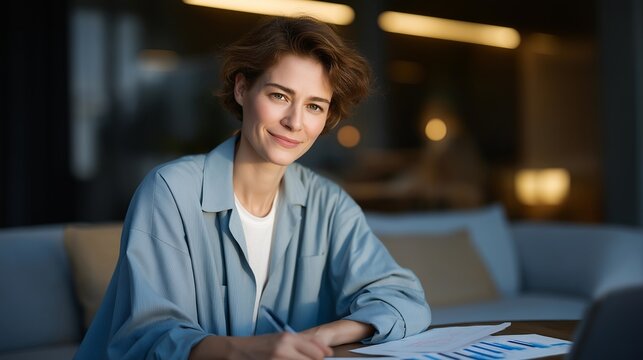 Female founder analyzing competitor products lined up on coffee table with notes attached, reverse engineering features in afternoon light, perfect for market research and contemporary analysis