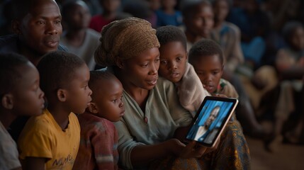 Fototapeta premium Multicultural group of low-income families video conferencing with legal aid attorneys through accessible tablet interfaces in crowded community center space, perfect for social justice keywords,