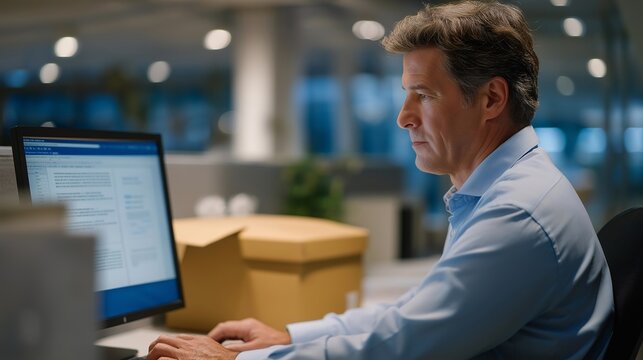 Over the shoulder view of manager drafting resignation letter on desktop computer, sparse cubicle visible with packed cardboard box on floor, perfect for career transition, employee turnover, and