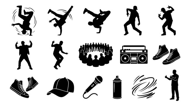 Hip Hop Breakdance Dancer Silhouettes Icons Boombox Graffiti Art Vector