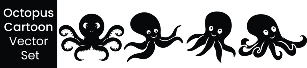Cute octopus cartoon vector icon set, marine animal black silhouette collection © Ripon Sojib