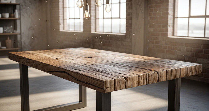 Rustic Wooden Dining Table in Modern Industrial Loft Interior with Sunlight