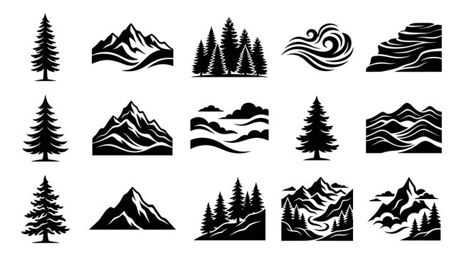 Black and White Nature Icons: Mountains, Trees, Waves, Cliffs, Clouds