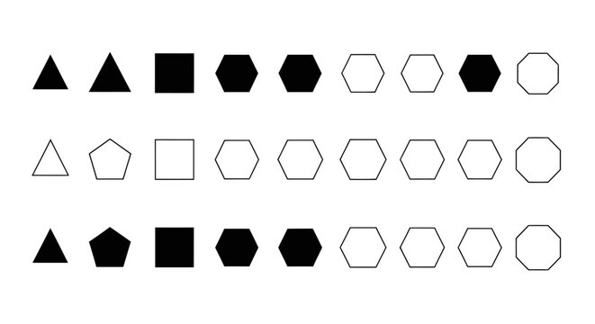 Geometric shapes are arranged in rows on a plain surface for demonstration