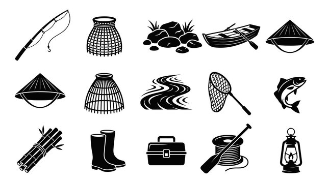Fishing and Outdoor Activity Glyph Icons Set: Rod, Boat, Trap, Net, Tackle Box, Boots, Lantern