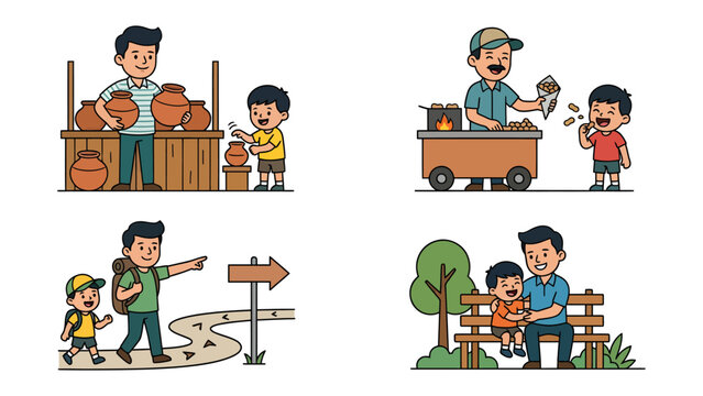 A Father's Day Adventure: A heartwarming illustration captures four delightful scenes: pottery shopping, a playful ice cream moment, a hiking expedition, and a serene park bench interlude.