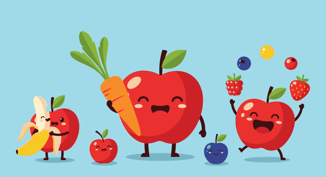 A colorful illustration of various fruits and vegetables with cartoon faces on a light blue background