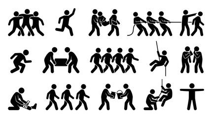 Naklejka premium Black and White Stick Figure Icons: Teamwork, Help, Support, Activity, Team
