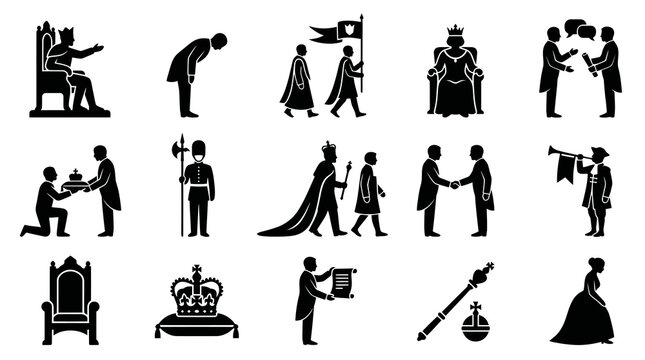 Royal Icons Set: Royalty, Ceremony, Monarchy, Governance, Heraldry Symbols