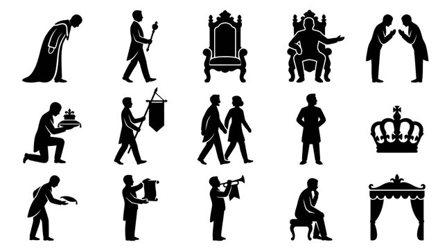 Royal Icons: King, Queen, Crown, Throne, Scepter, Royalty, Symbol, Glyph