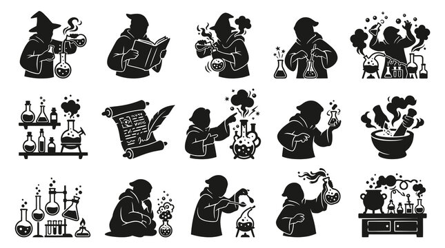 Alchemy  Chemistry Glyph Icons: Alchemists, Wizards, and Lab Experiment Silhouette Set