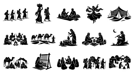Obraz premium Middle Eastern Culture Black White Silhouette Icons: Desert Life, Nomads, Traditional Scenes