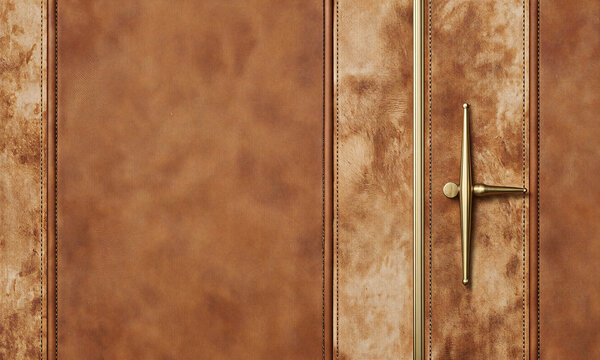 Leather door handle cognac brown entrance door with luxurious hide texture and gold hardware for upscale interior design