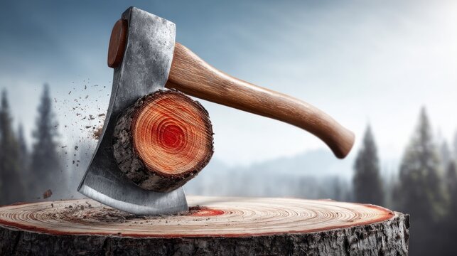 Axe Embedded in Circular Wooden Log Target in Forest Setting