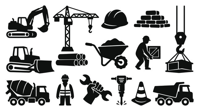 Construction Industry Icons: Black and White Vector Glyphs for Building and Heavy Equipment