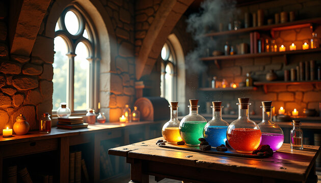Mystische Alchemisten-Werkstatt mit bunten Zaubertr&auml;nken