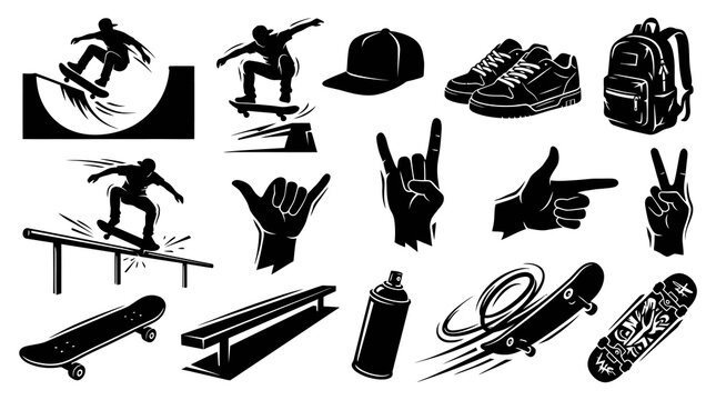 Skateboarder Icons: Black  White Glyph Art of Extreme Sports