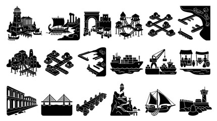 Fototapeta premium Ancient Port City Vector Icons - Black and White Glyph Style
