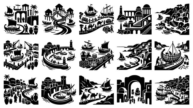 Ancient Greek Harbor Scenes, Ancient Ships, Buildings, and Market - Black and White Vector Art