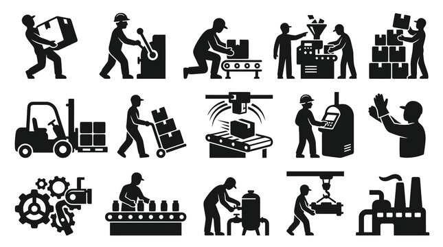 Factory and Industry Icons: Workers, Machinery, Production, Logistics