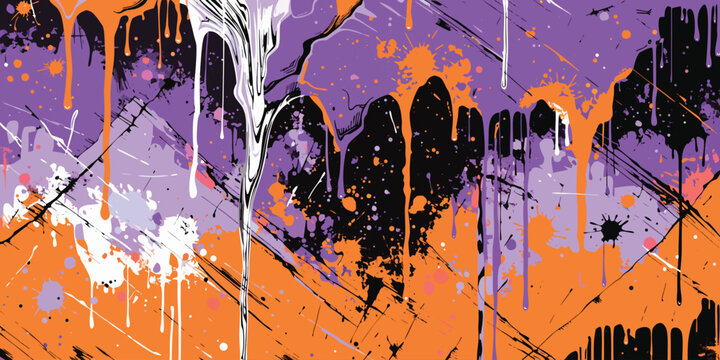 Abstract paint splash and drip pattern in orange purple and black