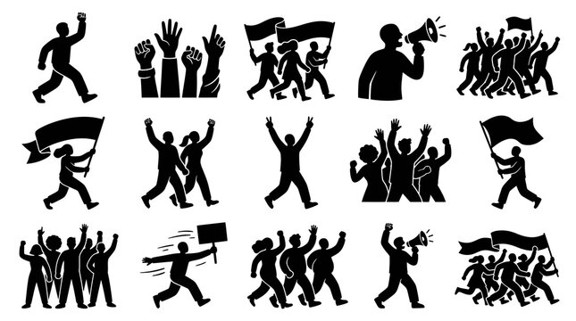 Black  White Silhouettes of People Protesting with Flags and Megaphones