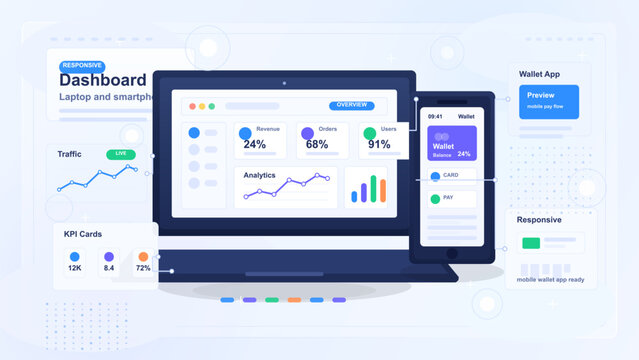 Responsive dashboard vector concept with laptop analytics interface, smartphone wallet app screen, KPI cards, traffic chart and soft blue background