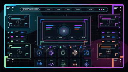 Fototapeta premium Dark cyberpunk vector HUD mockup with neon panels, central targeting display, modular icon cards, grid background and colorful controls