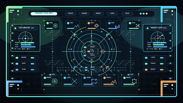 Futuristic dark target HUD interface with neon reticle, crosshair lock panels, range controls, data cards, and glowing grid background design