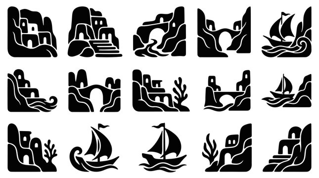 Glyph Icons Set: Mediterranean Coastal Villages, Ancient Bridges  Sailboats Black Solid