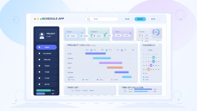 Pastel vector dashboard interface for a schedule app with project timeline, calendar, task cards, sidebar menu, and progress charts on screen