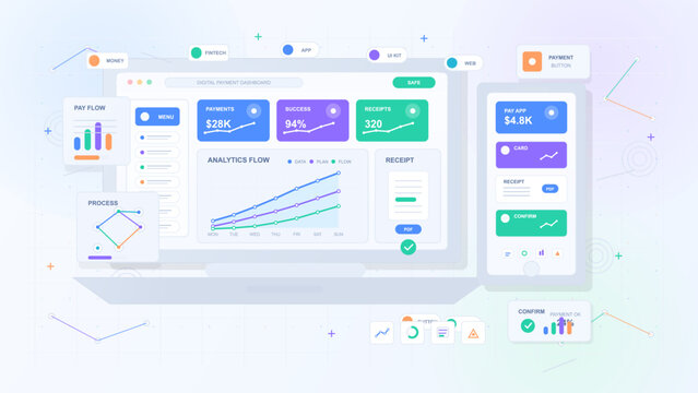 Pastel vector digital payment dashboard with desktop analytics screen, pay app smartphone, receipt cards, process flow and fintech UI elements