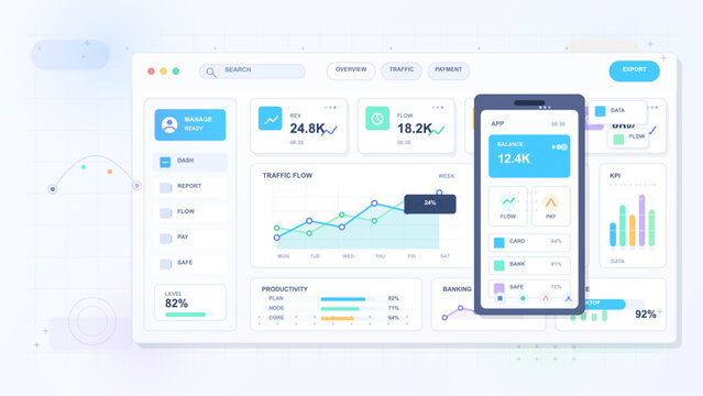 Pastel vector illustration of finance dashboard interface with mobile app screen, traffic analytics charts, payment data cards, and grid background