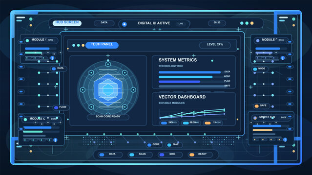 Dark futuristic vector HUD screen with tech panel, system metrics, scanning core graphic, module controls and glowing blue grid interface