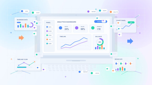 Pastel vector analytics dashboard with laptop interface, timeline charts, business data panels, device KPI widgets and colorful report graphics