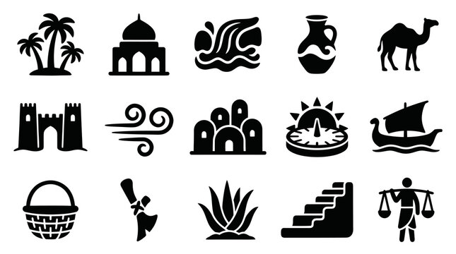 Ancient Civilizations  Middle East Glyph Icons - Historical, Cultural, and Travel Symbols