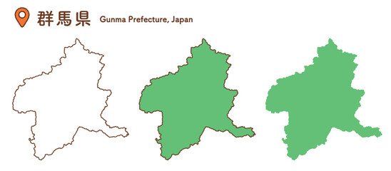 Fototapeta premium 群馬県の地図イラストセット｜日本地図・都道府県・関東地方