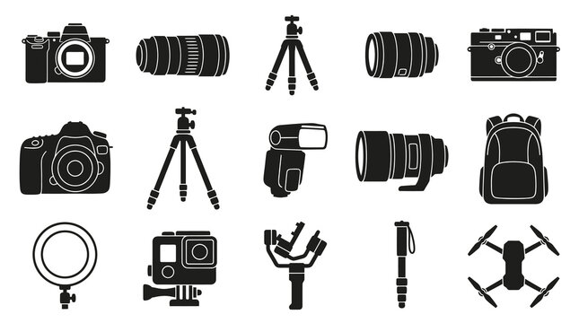 Photography and Videography Equipment Black Glyph Icons Set