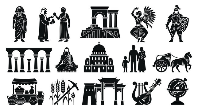 Ancient Civilization Icons: Egypt, Rome, Greece, Asia - Glyph Style