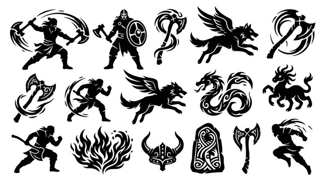 Viking warrior, wolf, dragon, and axes tribal tattoo icons black and white